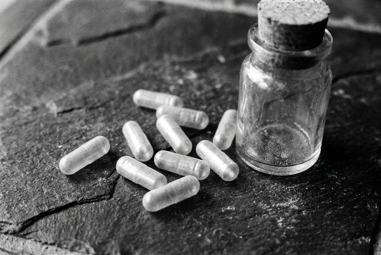 Handvol witte capsules zonder opdruk naast een klein glazen potje op een donkere ondergrond
