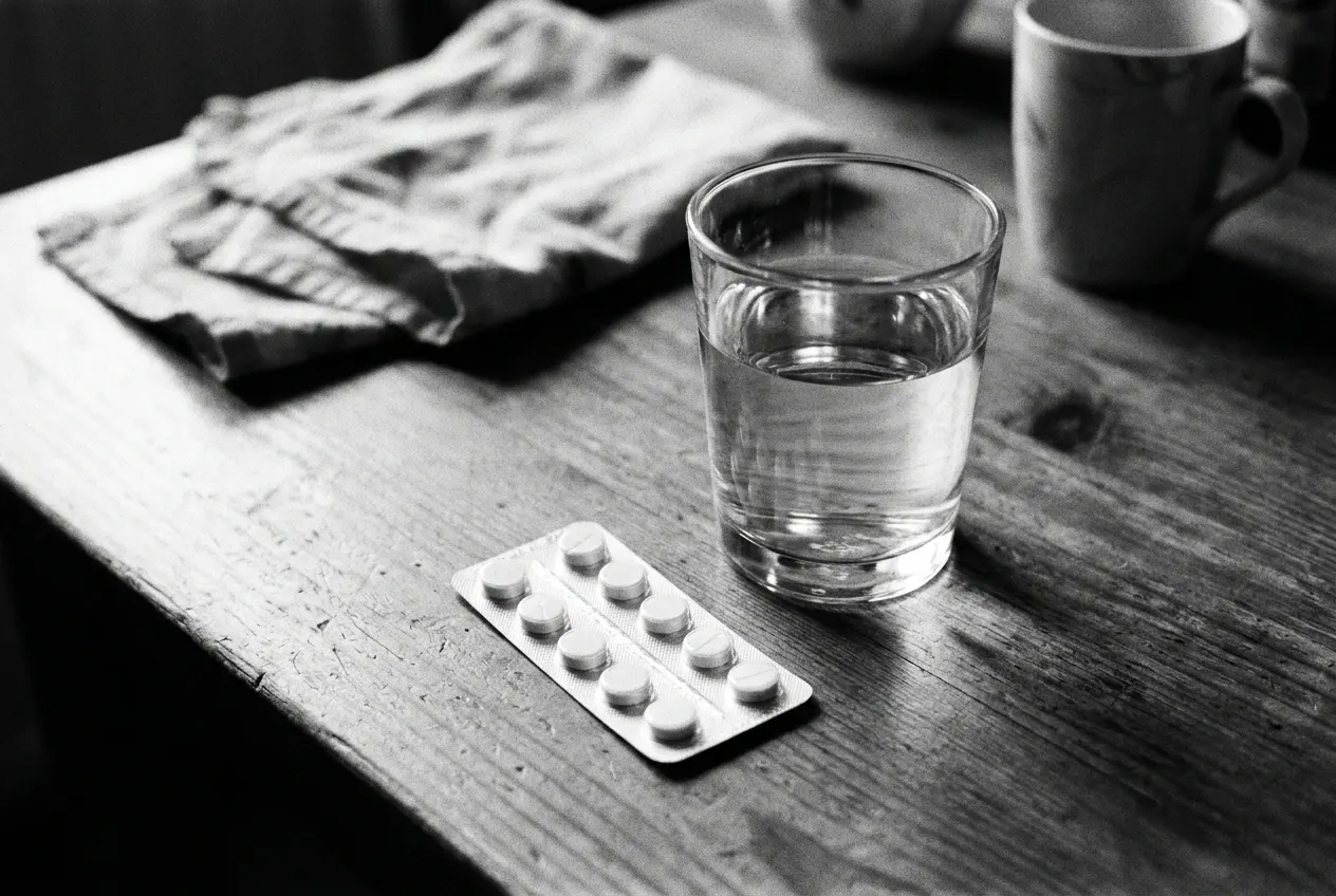 Glas water en een strip tabletten zonder opdruk op een houten keukentafel in het ochtendlicht