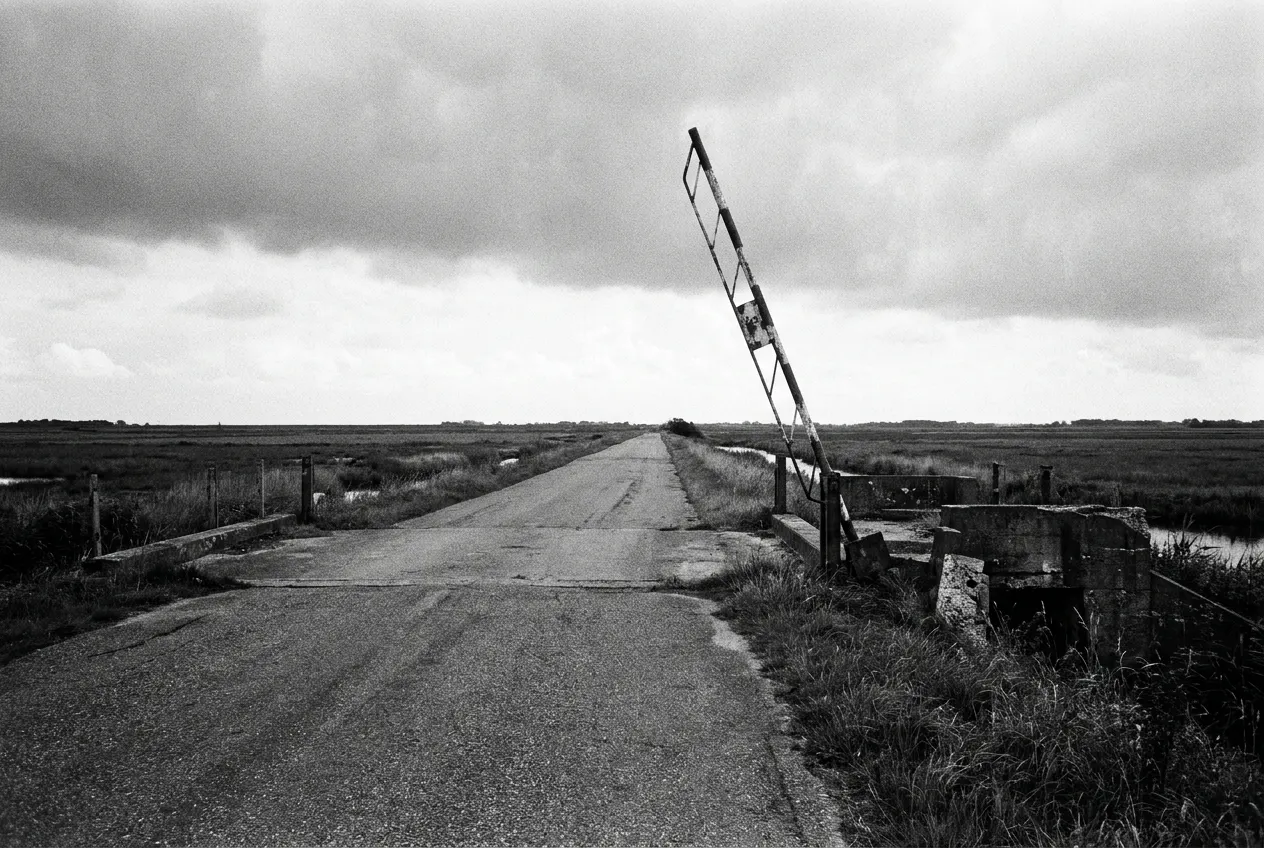 Verlaten grensovergang met opgeheven slagboom in een vlak polderlandschap
