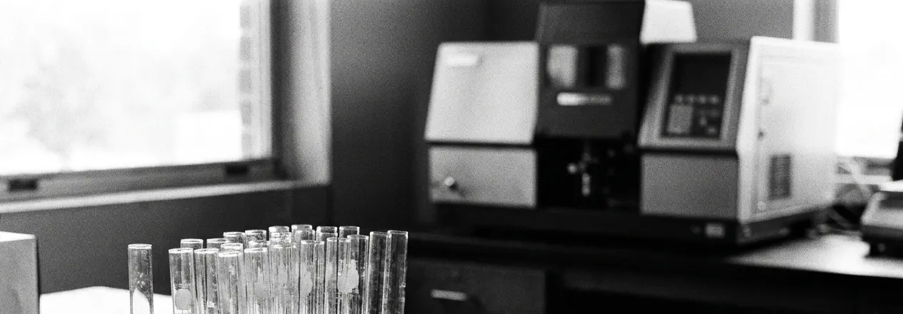 Laboratorium met reageerbuizen in een rek en een analyse-apparaat bij het raam