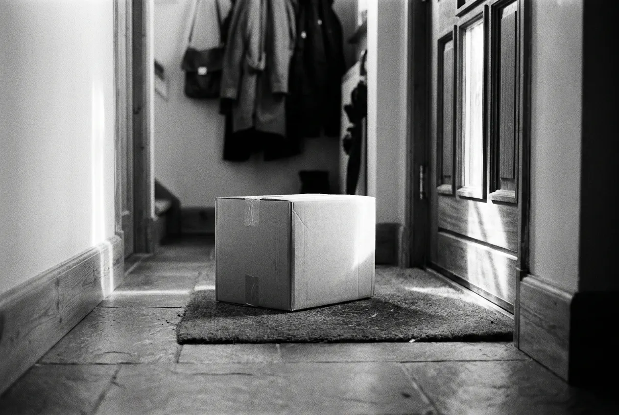 Kartonnen pakket zonder etiket op een deurmat in een gang